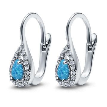 Halo Teardrop LeverBack Earrings Pear Lab Created Blue Opal 925 Sterling Silver